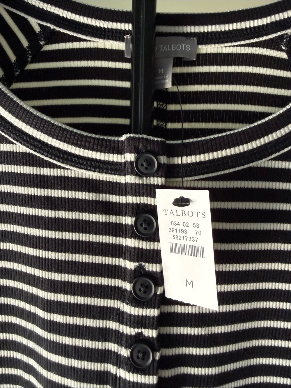 NWT T by TALBOTS Black & White Stripe Long-Sleeve Henley Top SZ M (17" P2P) - Picture 3 of 13